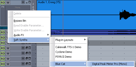 Step 01 - On each audio track insert a Digital Peak Meter Pro plug-in (Mono or Stereo depending on the track)